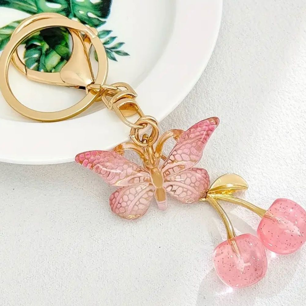Pink Butterfly Cherry Keychain